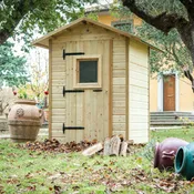 Casetta da giardino in legno Alby naturale impregnato in autoclave a pressione con porta battente semplice, superficie totale 2.22 m² e spessore parete 65 mm