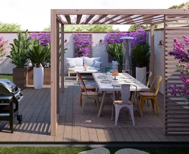 Idea per un’area pranzo in giardino all’ombra della grande pergola – Leroy Merlin