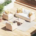 Salotto da giardino Medena NATERIAL in rattan sintetico beige e con cuscini in poliestere bianco per 5 persone