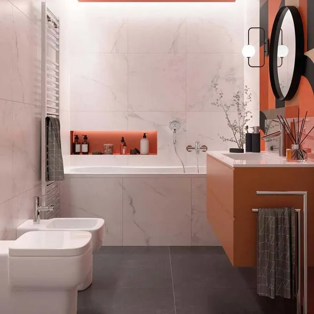 Un bagno con vasca moderno che punta sull’effetto decorativo di pattern colorati-Ispirazione Leroty Merlin