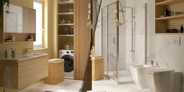 Il bagno con lavanderia in stile Nature di Leroy Merlin è una soluzione che unisce estetica e funzionalità. - Foto Leroy Merlin
