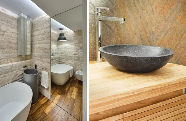 Il calore elegante del bagno effetto pietra e legno - bagnidalmondo e Leroy Merlin