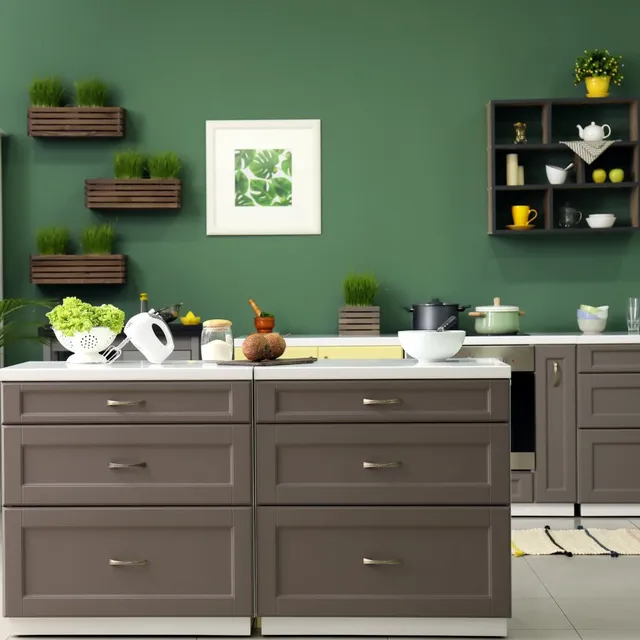 Il colore verde oliva alle pareti è la perfetta cornice per cucine country, moderne e  stile Industrial