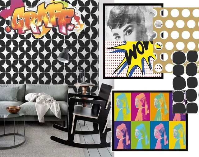 Stampe multicolor che spiccano su motivi geometrici b/n, ecco la parete stile Pop – foto Leroy Merlin