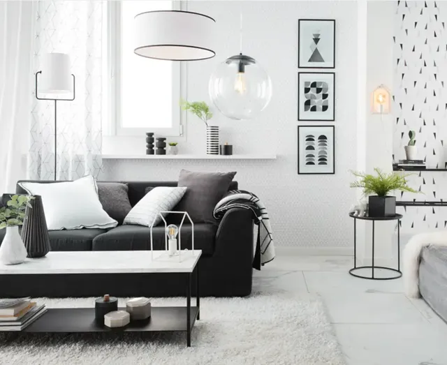 Pareti bianchissime e dettagli neri per un soggiorno luminoso in stile scandi -Leroy Merlin